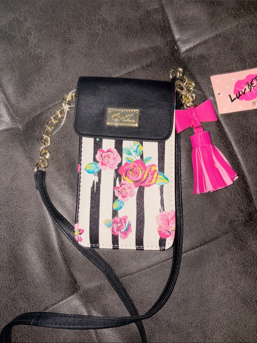 Betsey Johnson Black & Hot Pink Floral Stripe Crossbody